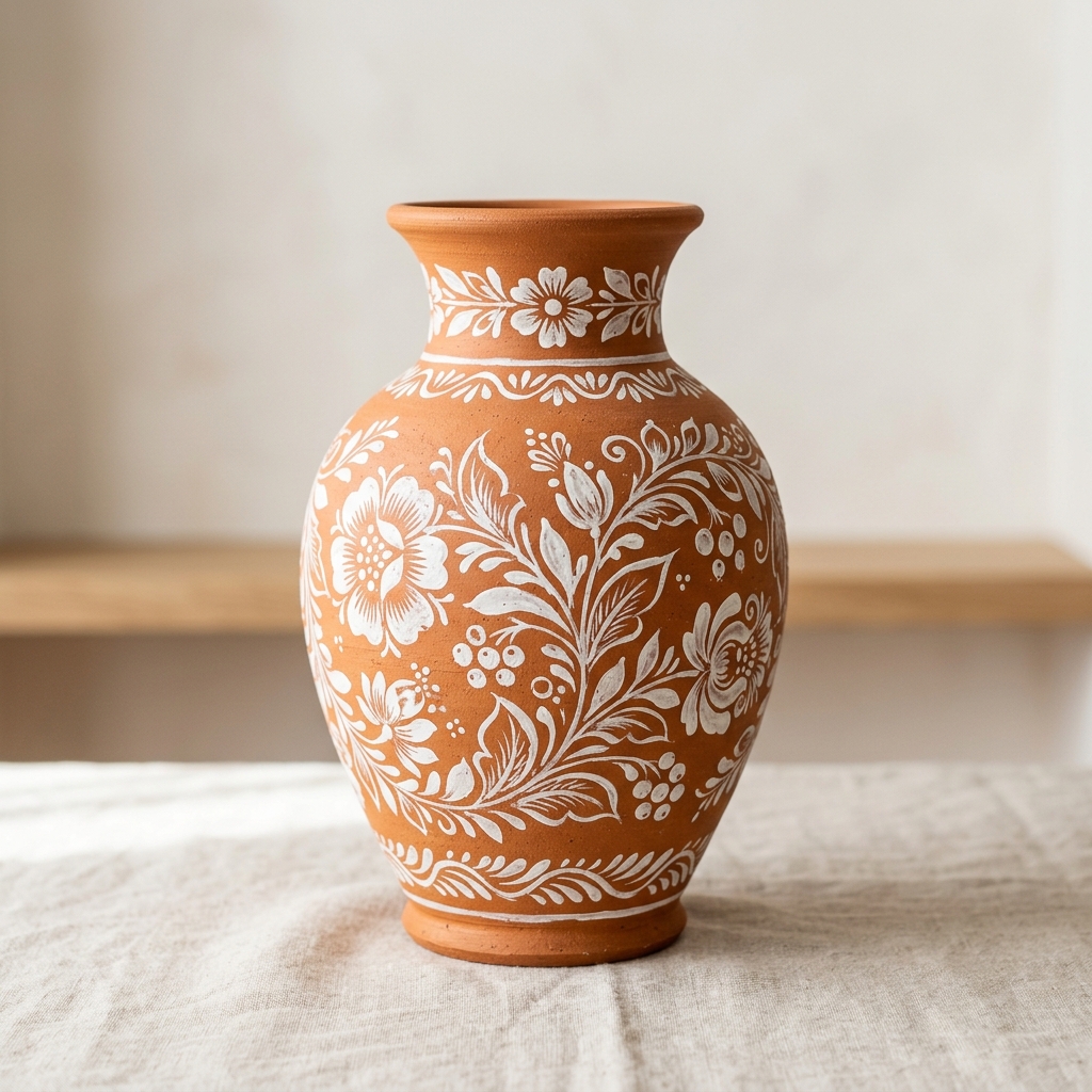 Hand-Painted Terracotta Floral Vase