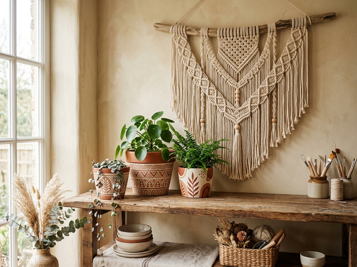 Handmade Décor collection with terracotta pots and macrame tapestry