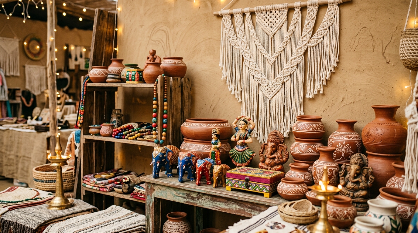 Aesthetic showcase of Indian handmade pottery and macrame crafts at Skyline Craft