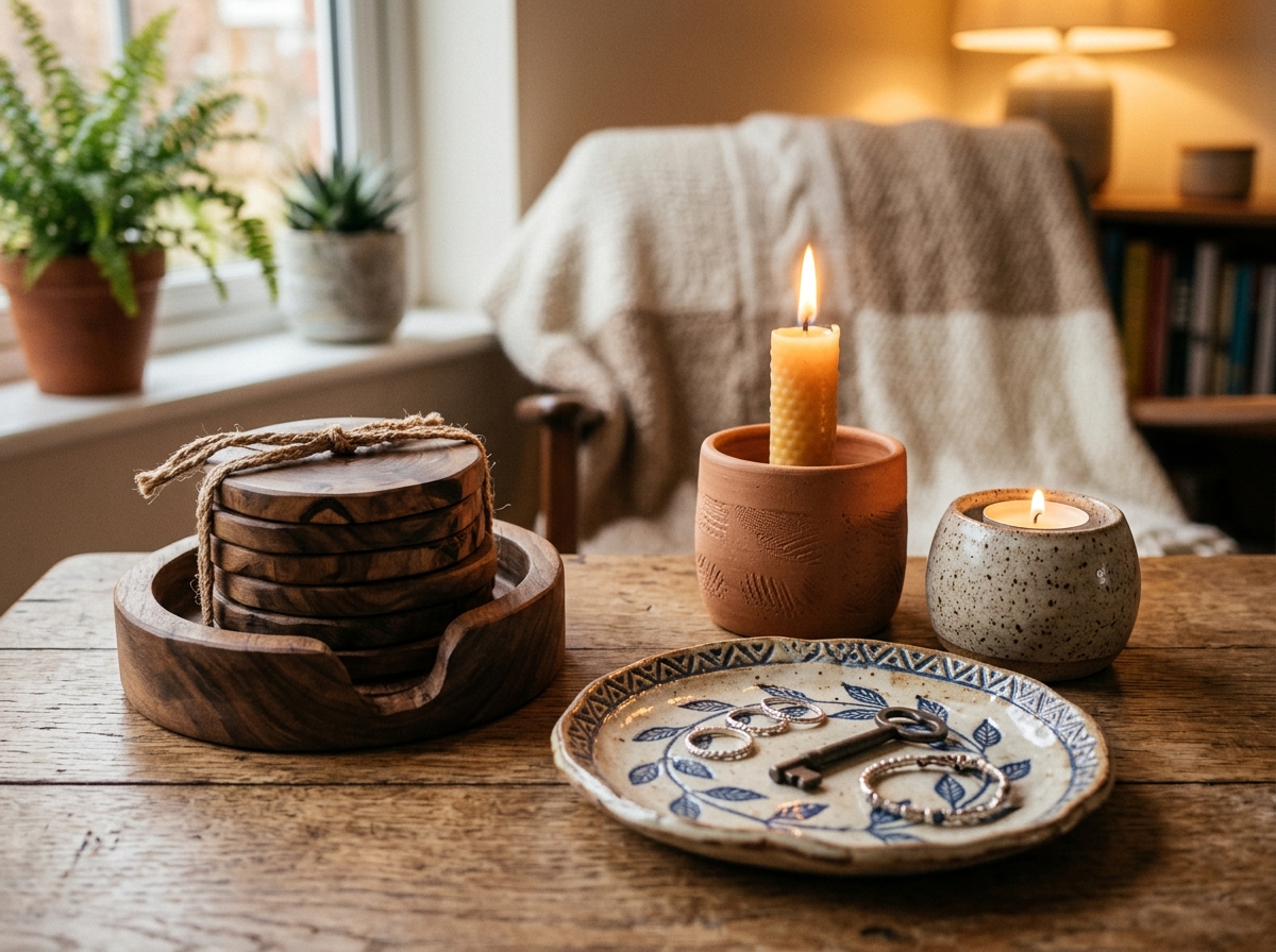 Home Accessories including wooden coasters and handmade candle holders