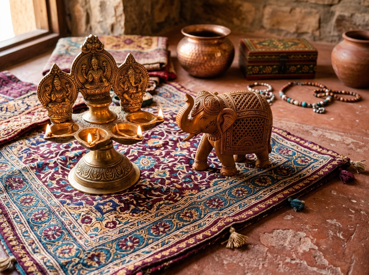 Traditional Crafts featuring brass oil lamps and carved wooden figurines